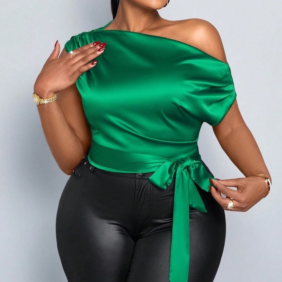 Classic One Shoulder Satin Tie Hem Cropped Top - Picture 1 of 5